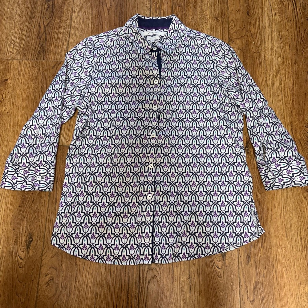 Foxcroft Wrinkle Free Cotton Button Up Blouse Purple Geometric Womens Size 10